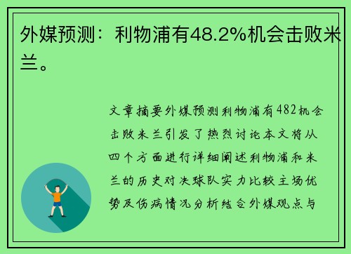 外媒预测:利物浦有48.2%机会击败米兰。